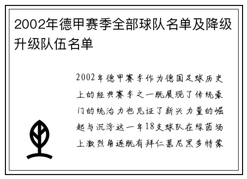 2002年德甲赛季全部球队名单及降级升级队伍名单